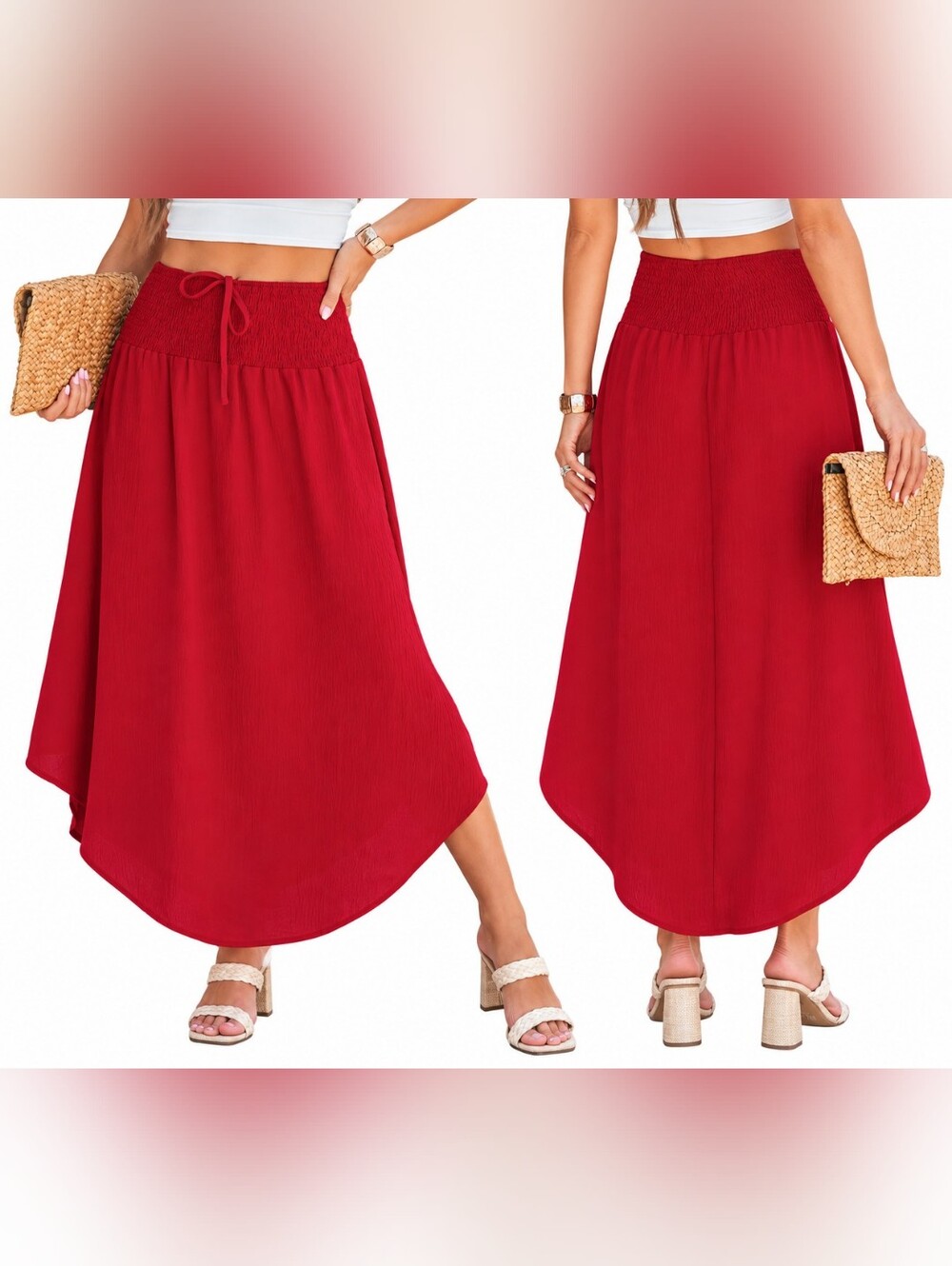 Cupshe Red Smocked Waist Maxi Skirt – Flowy A-Line XL